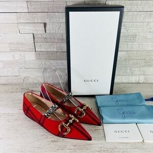 NWT GUCCI Archive Wool Check Pointed Toe Ballet Flats Shoes Red/Black SZ 35